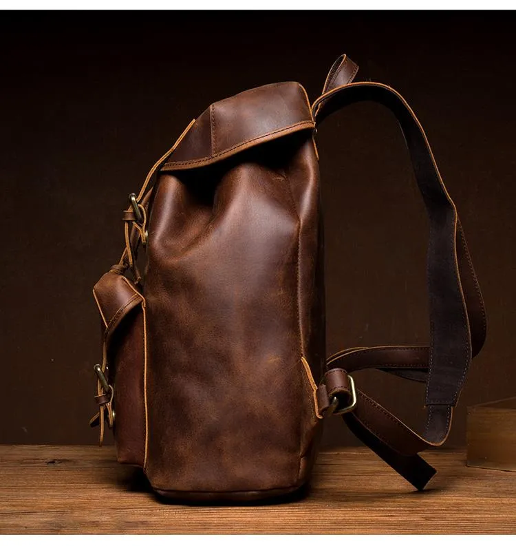 Casual Brown Leather Mens 15 inches Laptop Backpack Travel Backpack Brown School Backpack for Men