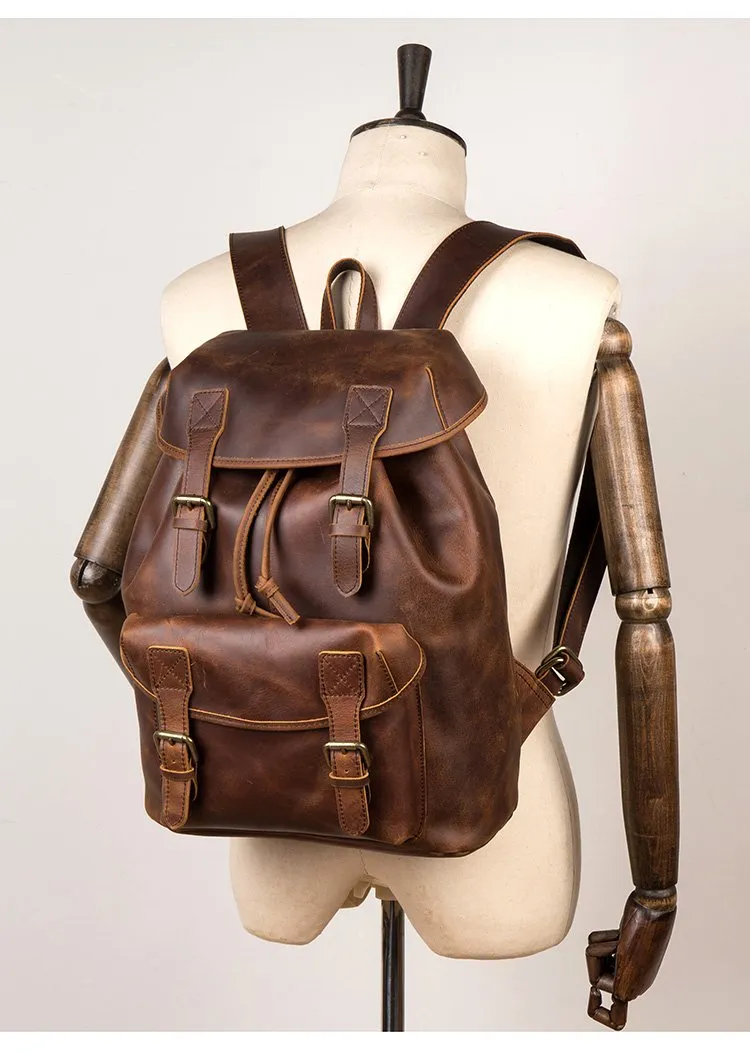 Casual Brown Leather Mens 15 inches Laptop Backpack Travel Backpack Brown School Backpack for Men