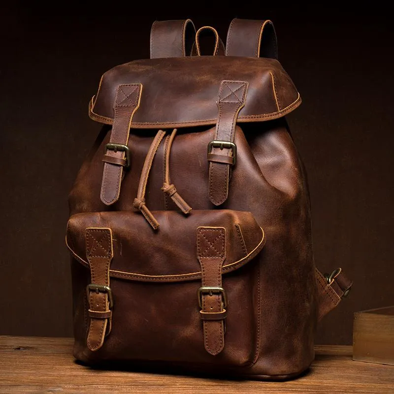 Casual Brown Leather Mens 15 inches Laptop Backpack Travel Backpack Brown School Backpack for Men