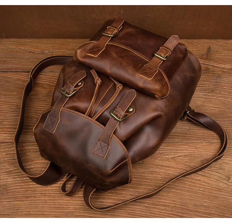 Casual Brown Leather Mens 15 inches Laptop Backpack Travel Backpack Brown School Backpack for Men