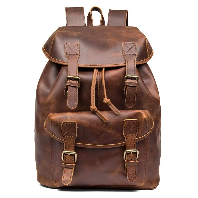 Casual Brown Leather Mens 15 inches Laptop Backpack Travel Backpack Brown School Backpack for Men