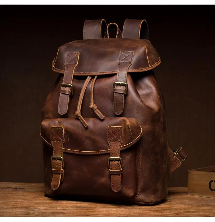 Casual Brown Leather Mens 15 inches Laptop Backpack Travel Backpack Brown School Backpack for Men