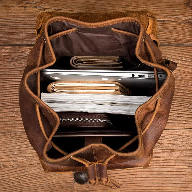 Casual Brown Leather Mens 15 inches Laptop Backpack Travel Backpack Brown School Backpack for Men