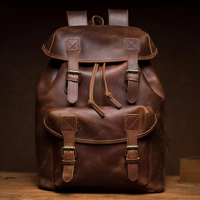 Casual Brown Leather Mens 15 inches Laptop Backpack Travel Backpack Brown School Backpack for Men