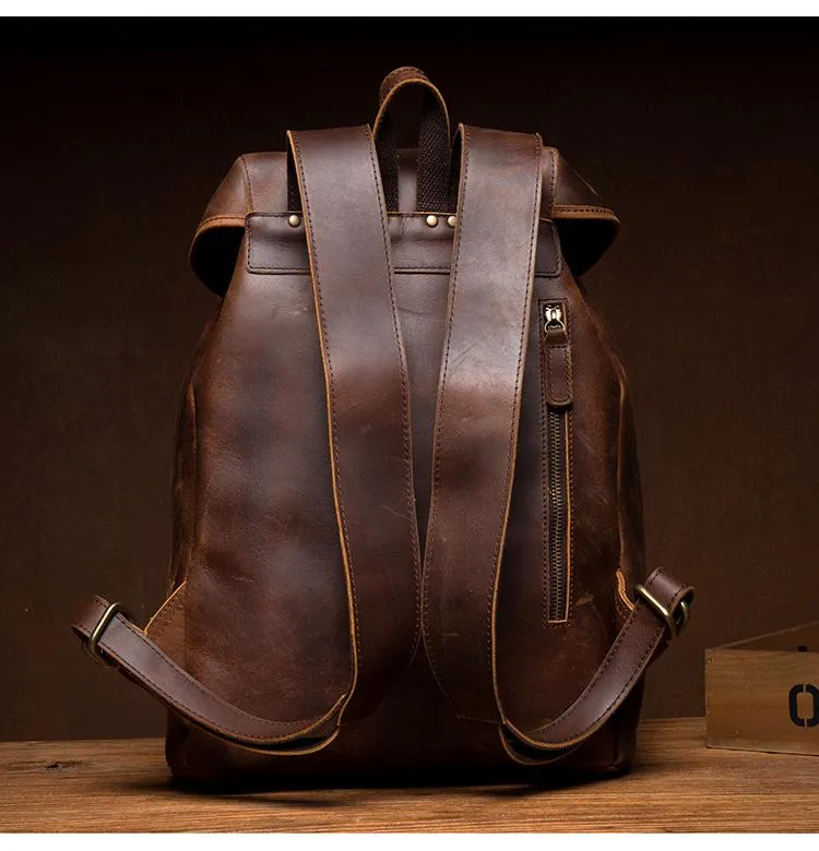 Casual Brown Leather Mens 15 inches Laptop Backpack Travel Backpack Brown School Backpack for Men