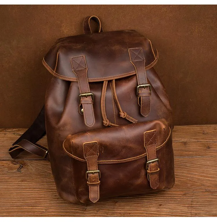 Casual Brown Leather Mens 15 inches Laptop Backpack Travel Backpack Brown School Backpack for Men
