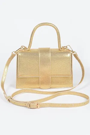CELESTE 2025 BAG/HPC5762 - Gold Shimmer Metallic Faux Leather - Top Handle Clutch - Removable Shoulder Strap - Approx. 8" x 5" x 2"