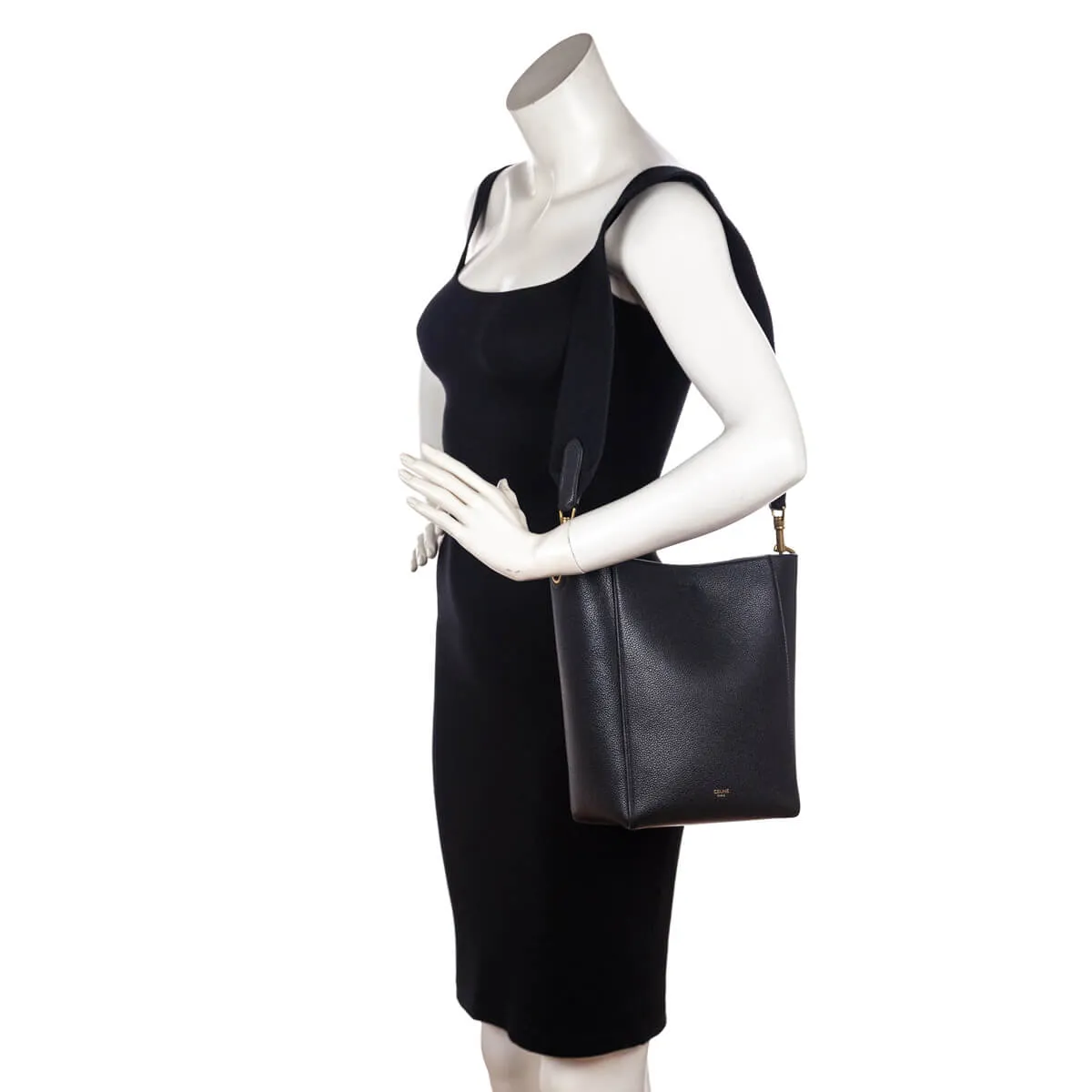 Celine Black Soft Grained Calfskin Small Sangle Bucket Bag