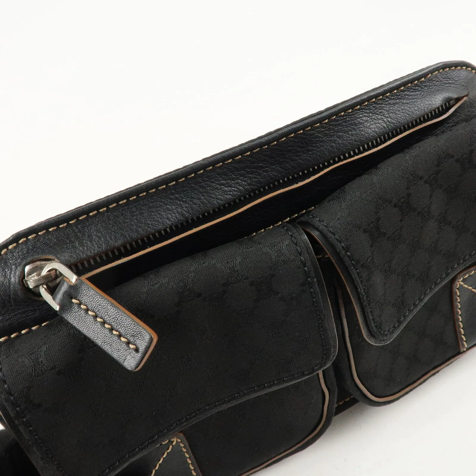 CELINE Macadam Canvas Leather Waist Bag Cross Body Bag Black Used