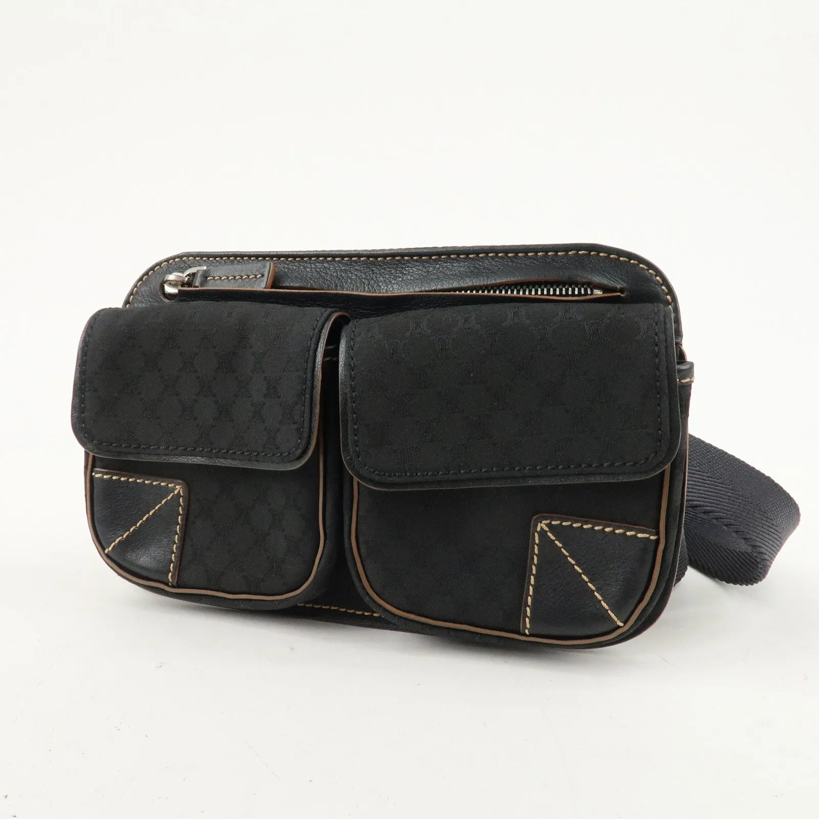 CELINE Macadam Canvas Leather Waist Bag Cross Body Bag Black Used