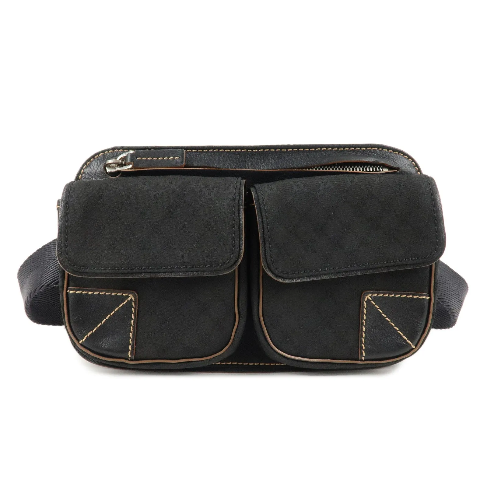 CELINE Macadam Canvas Leather Waist Bag Cross Body Bag Black Used