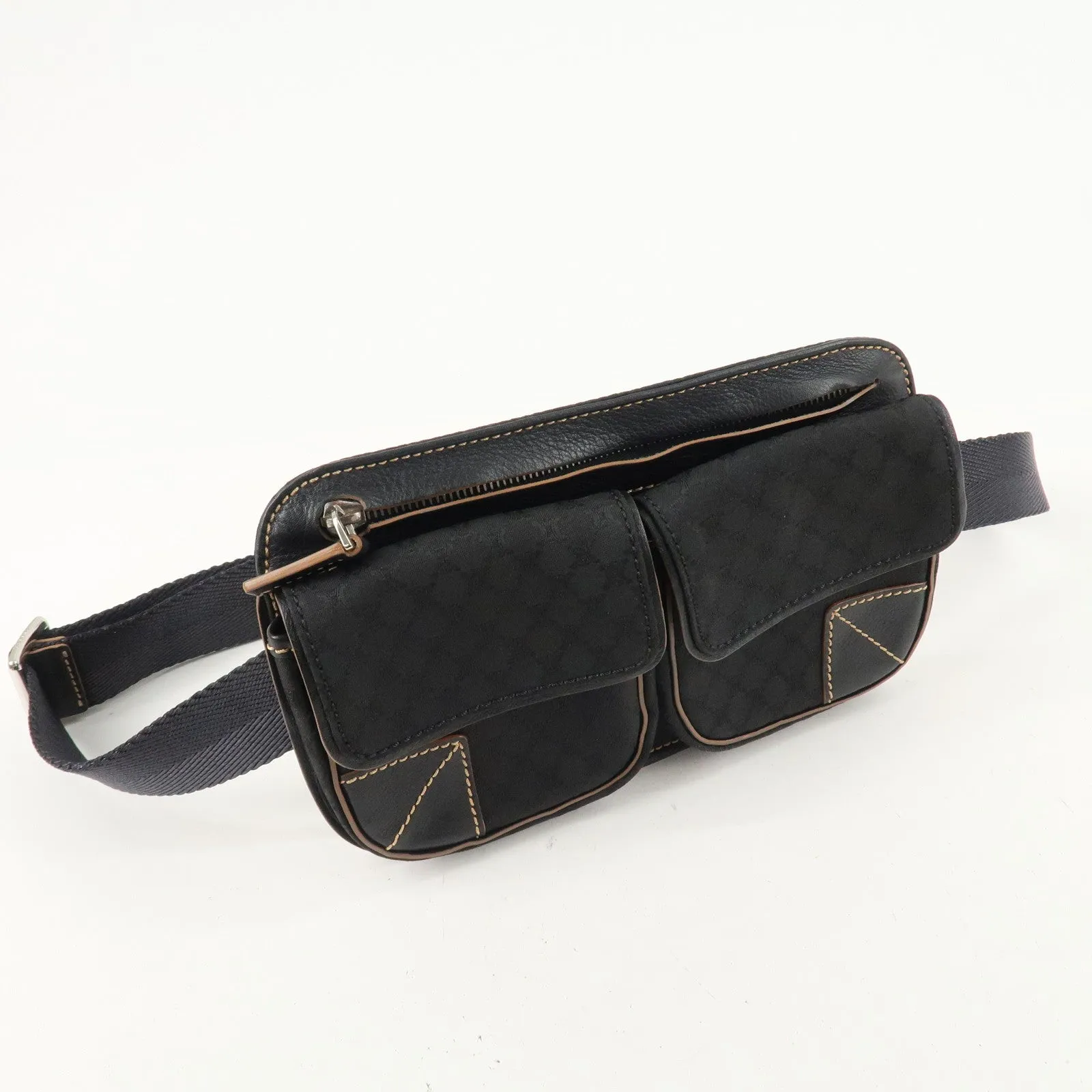 CELINE Macadam Canvas Leather Waist Bag Cross Body Bag Black Used