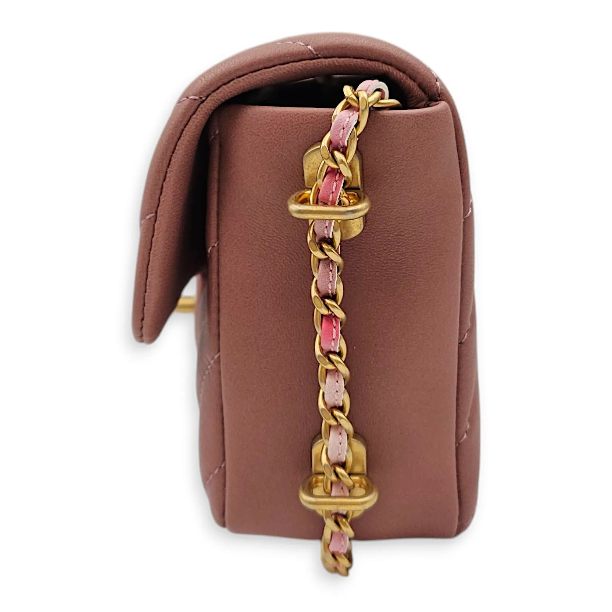 Chain Around Chevron Mini Flap 21x14x6cm Dusty Rose Crossbody Bag in Lambskin, Gold hardware