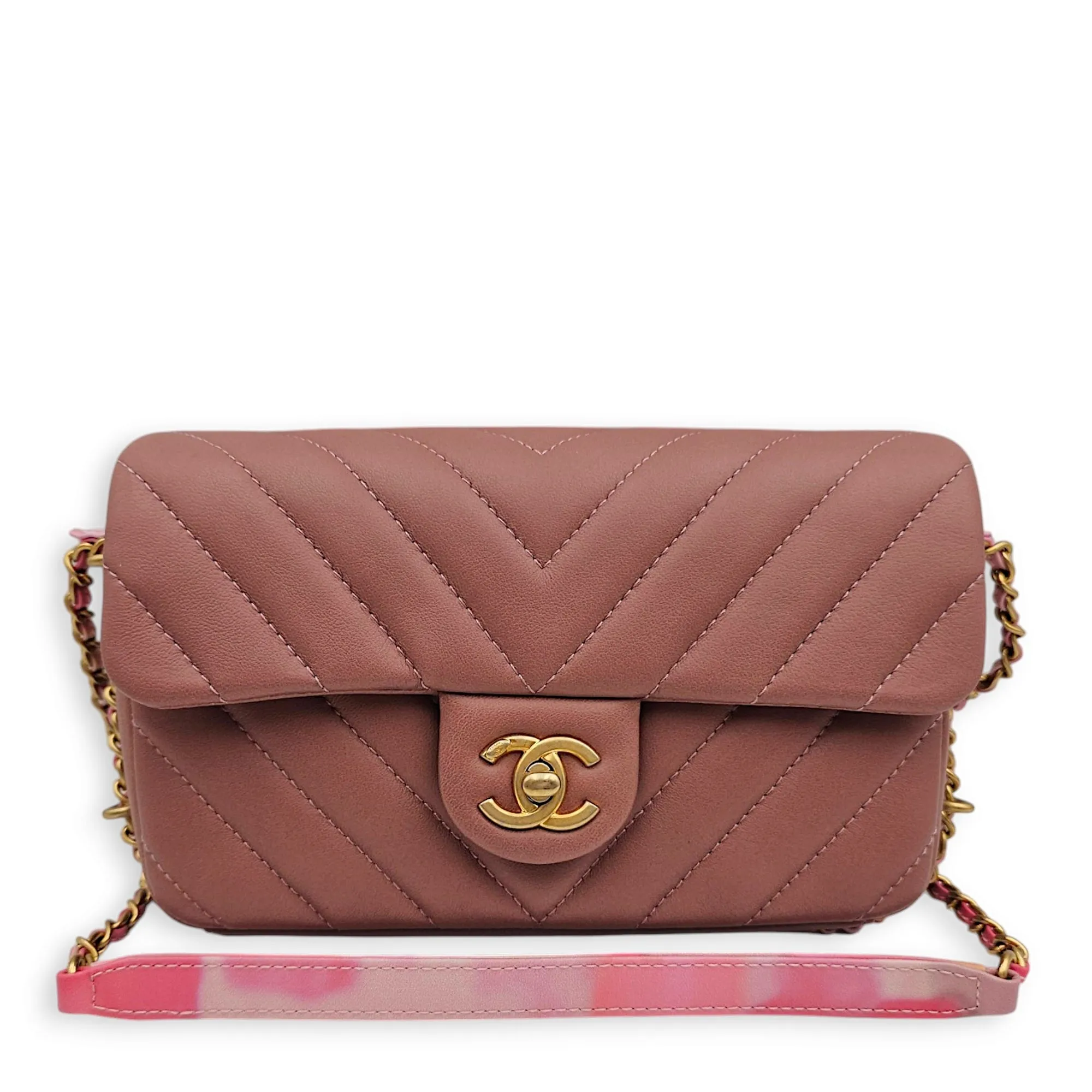 Chain Around Chevron Mini Flap 21x14x6cm Dusty Rose Crossbody Bag in Lambskin, Gold hardware