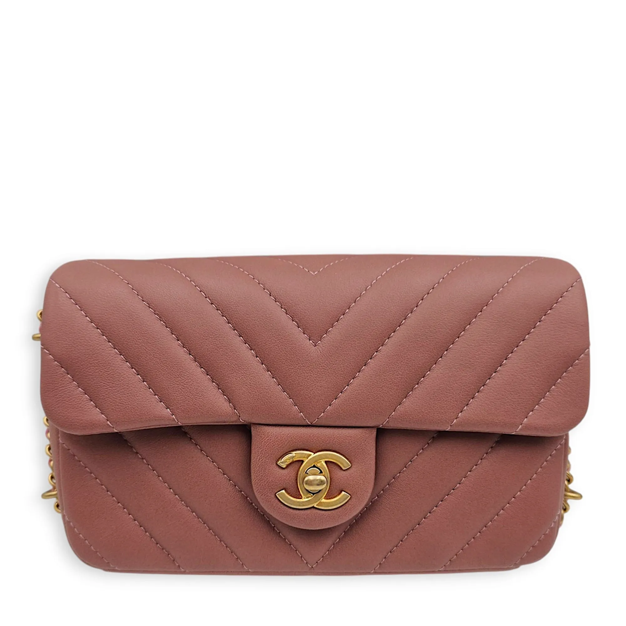 Chain Around Chevron Mini Flap 21x14x6cm Dusty Rose Crossbody Bag in Lambskin, Gold hardware