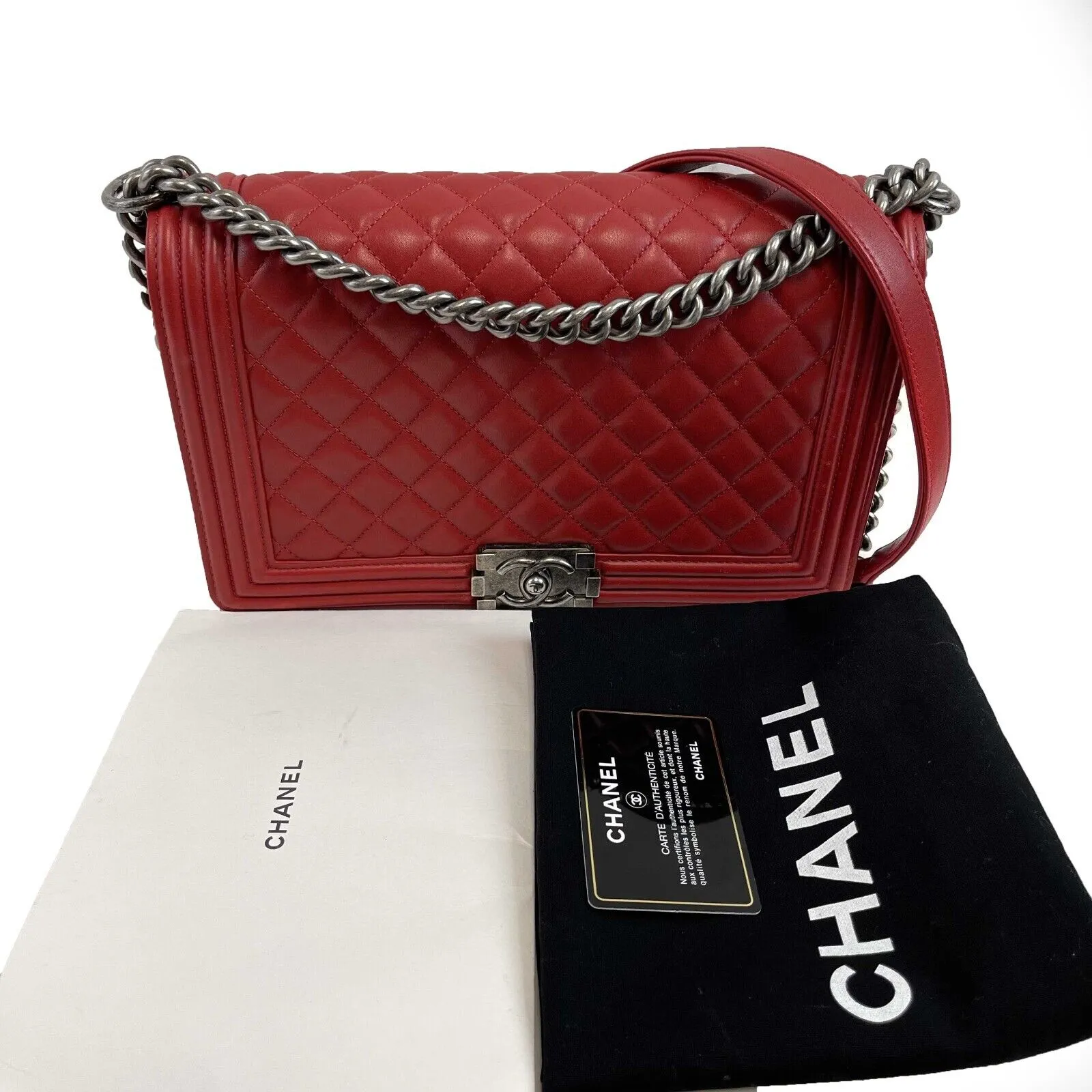 CHANEL Boy New Bag Quilted Calfskin New Medium Red Crossbody Bag