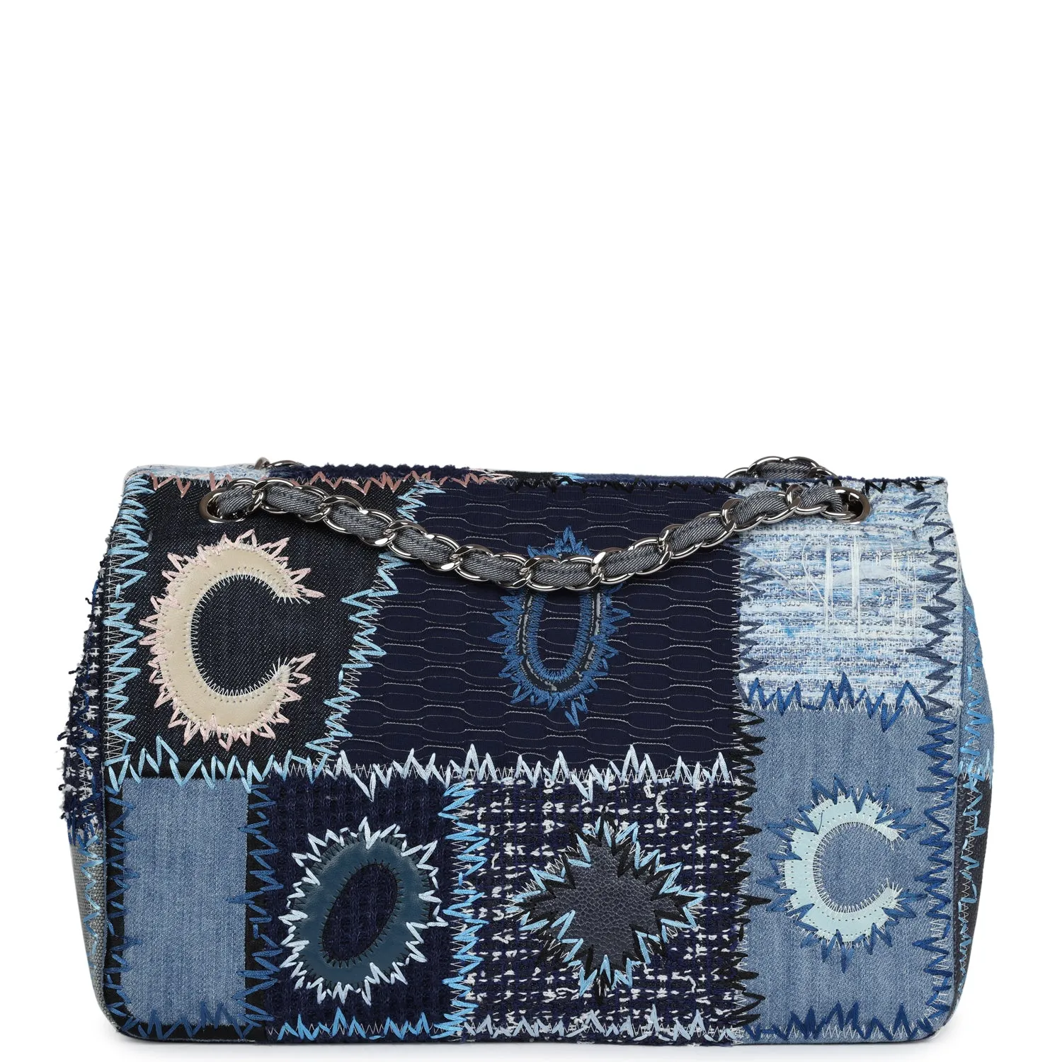 Chanel Jumbo Flap Bag Blue Patchwork Denim Silver Hardware