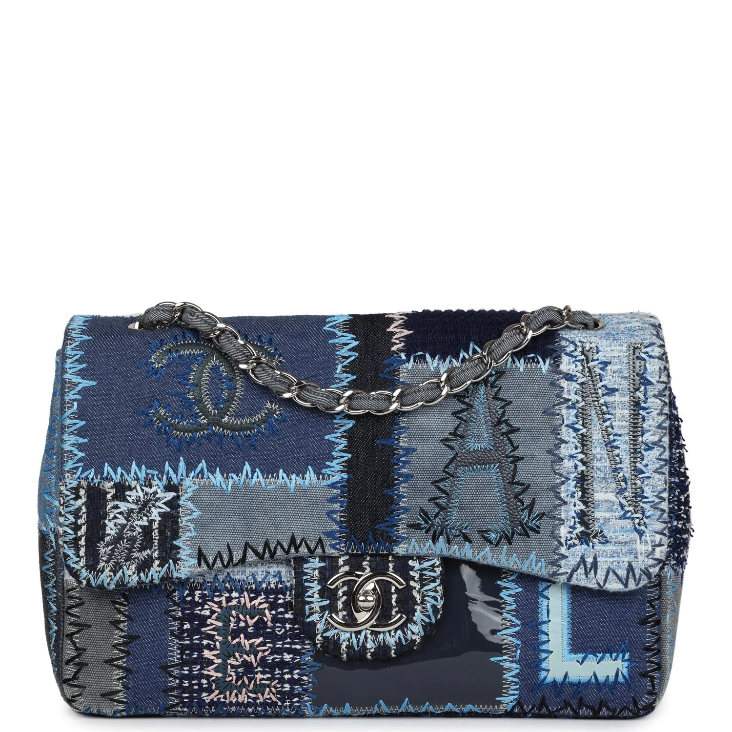 Chanel Jumbo Flap Bag Blue Patchwork Denim Silver Hardware