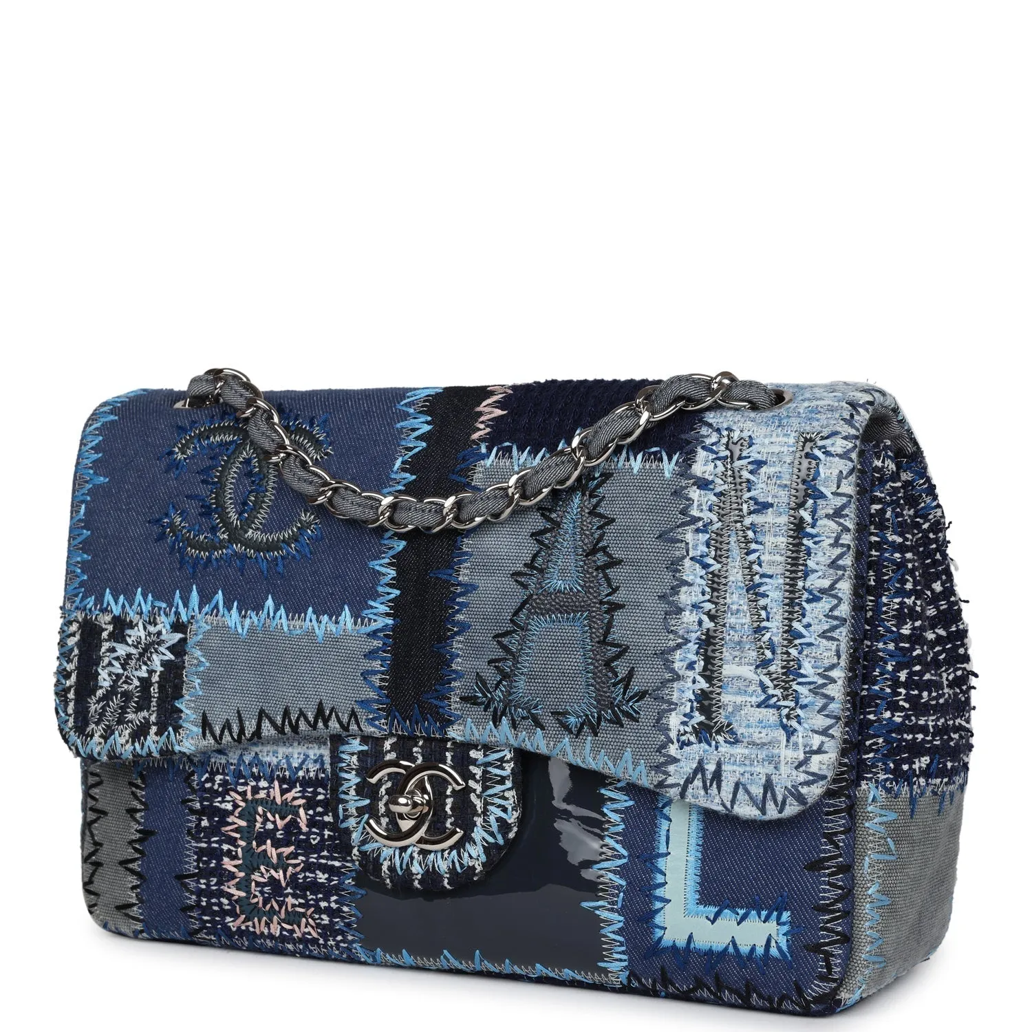 Chanel Jumbo Flap Bag Blue Patchwork Denim Silver Hardware