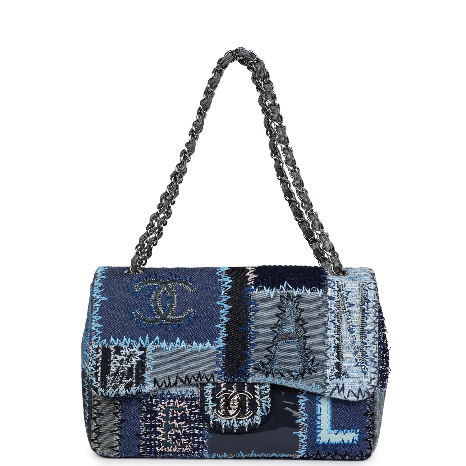 Chanel Jumbo Flap Bag Blue Patchwork Denim Silver Hardware