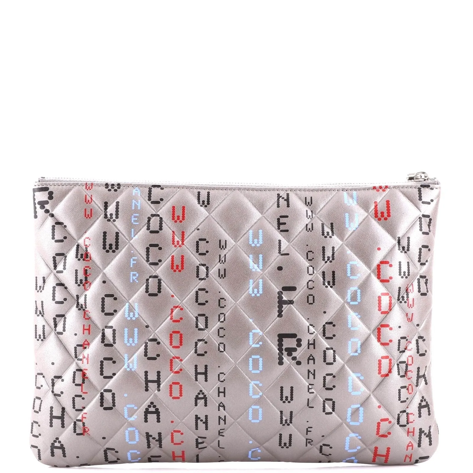 CHANEL METALLIC SILVER QUILTED LAMBSKIN PRINTED DATA CENTER O CLUTCH