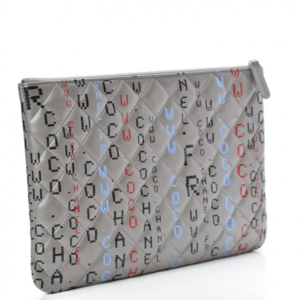 CHANEL METALLIC SILVER QUILTED LAMBSKIN PRINTED DATA CENTER O CLUTCH
