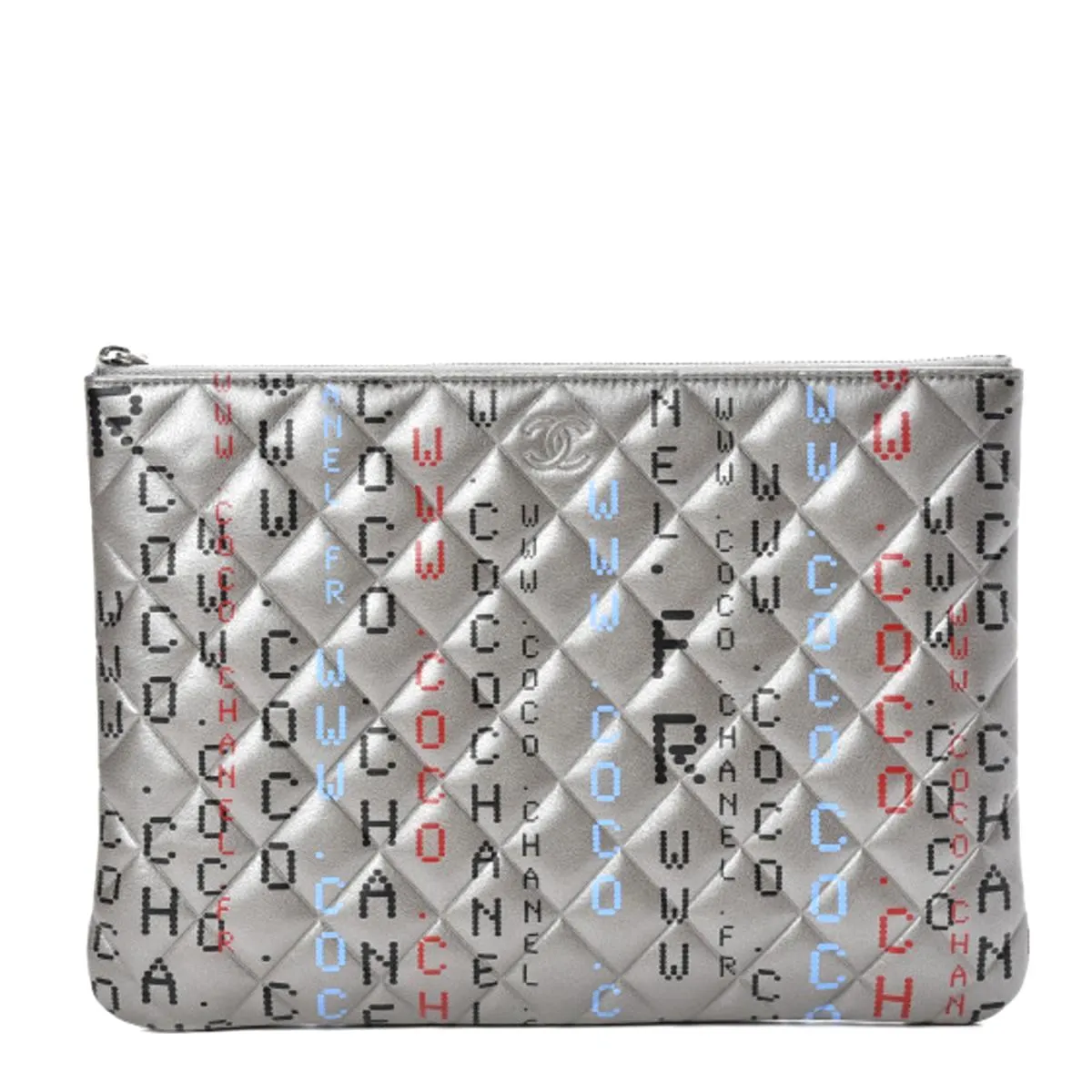 CHANEL METALLIC SILVER QUILTED LAMBSKIN PRINTED DATA CENTER O CLUTCH