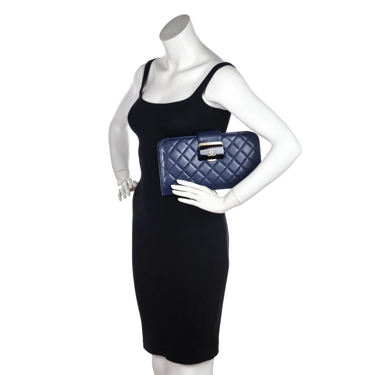 Chanel Navy Quilted Sheepskin Beauty Lock Clutch