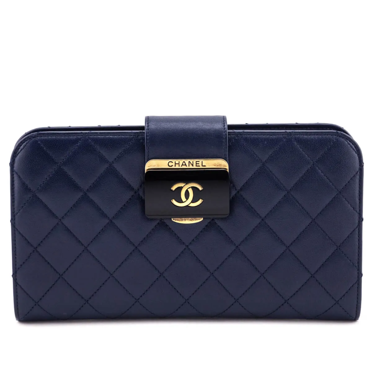 Chanel Navy Quilted Sheepskin Beauty Lock Clutch