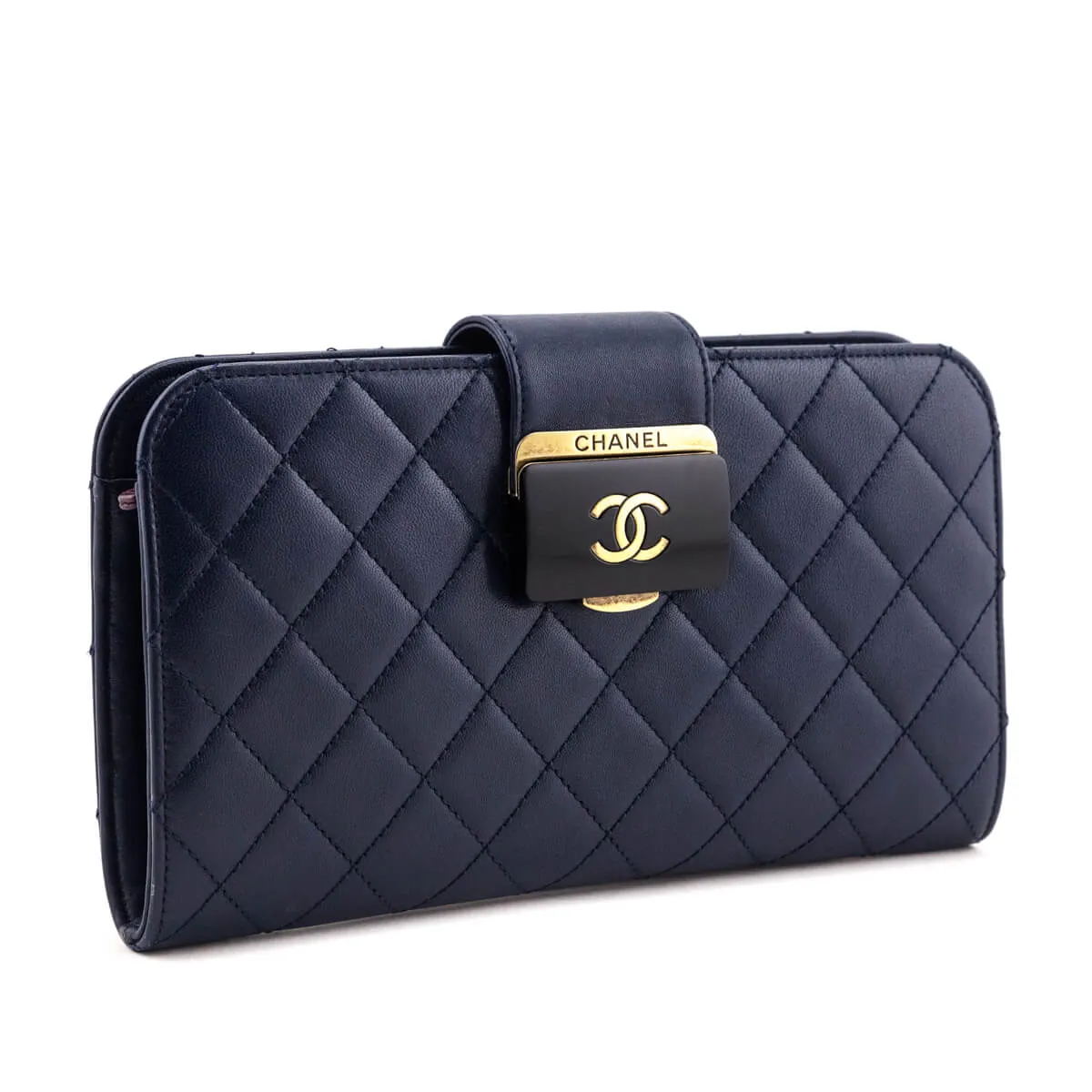 Chanel Navy Quilted Sheepskin Beauty Lock Clutch
