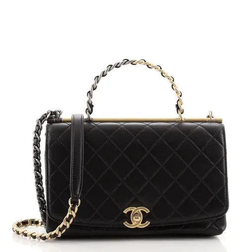 CHANEL TWO-TONE CHAIN QUILTED LAMBSKIN TOP HANDLE FLAP BAG