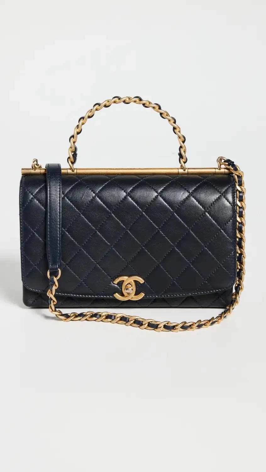 CHANEL TWO-TONE CHAIN QUILTED LAMBSKIN TOP HANDLE FLAP BAG