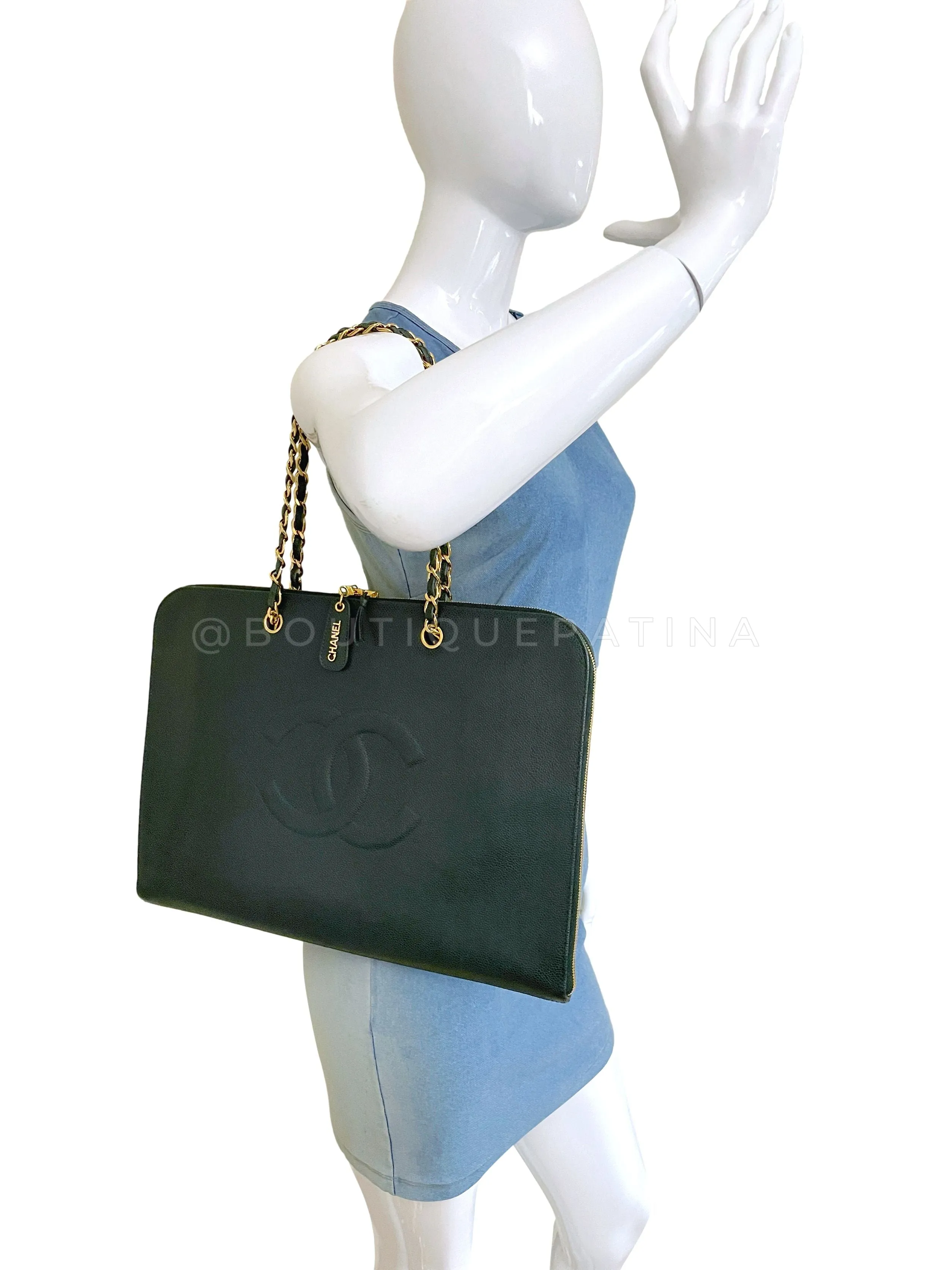 Chanel Vintage Dark Green Caviar Portfolio Laptop Work Tote Bag 24k GHW