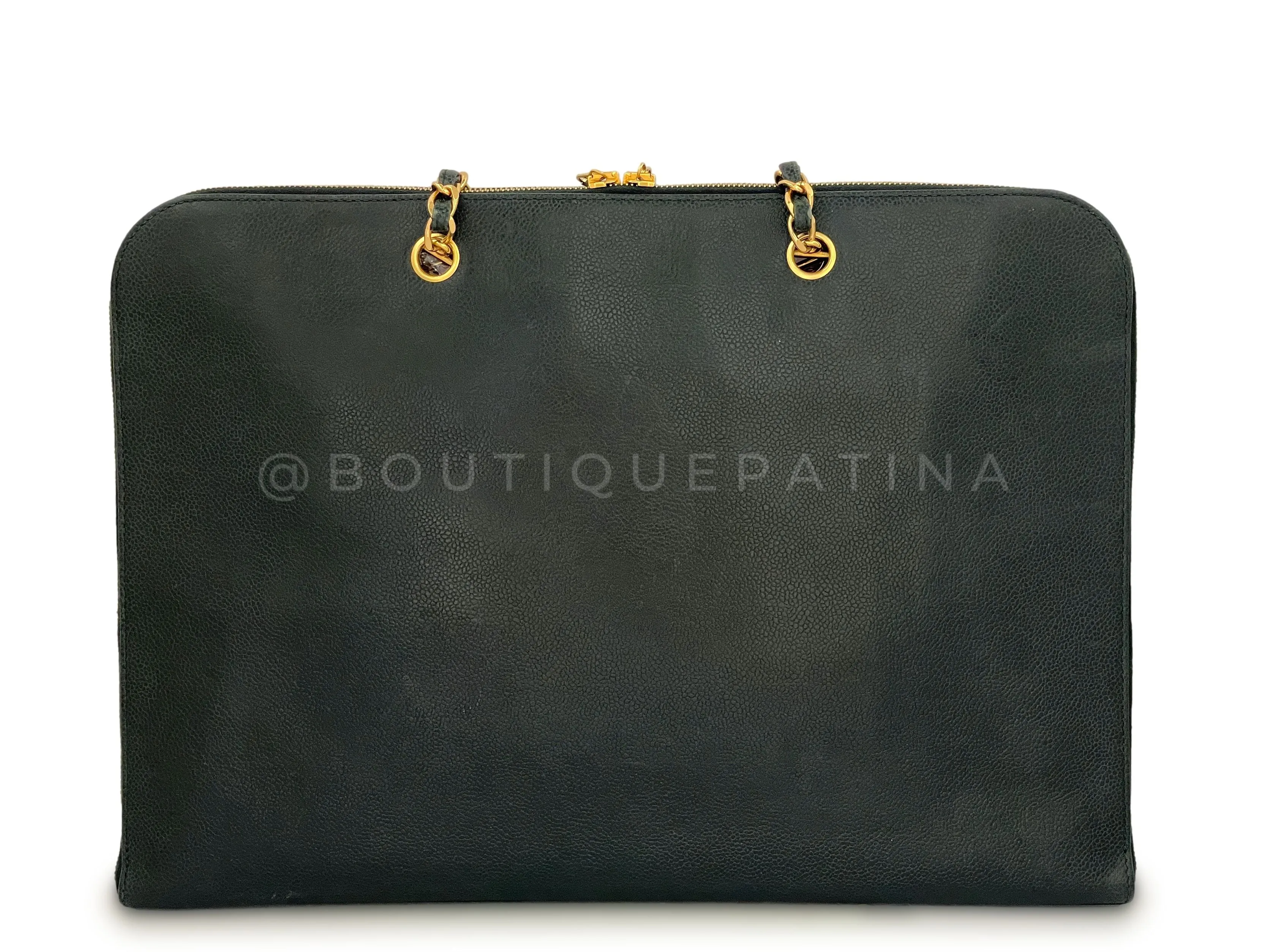 Chanel Vintage Dark Green Caviar Portfolio Laptop Work Tote Bag 24k GHW