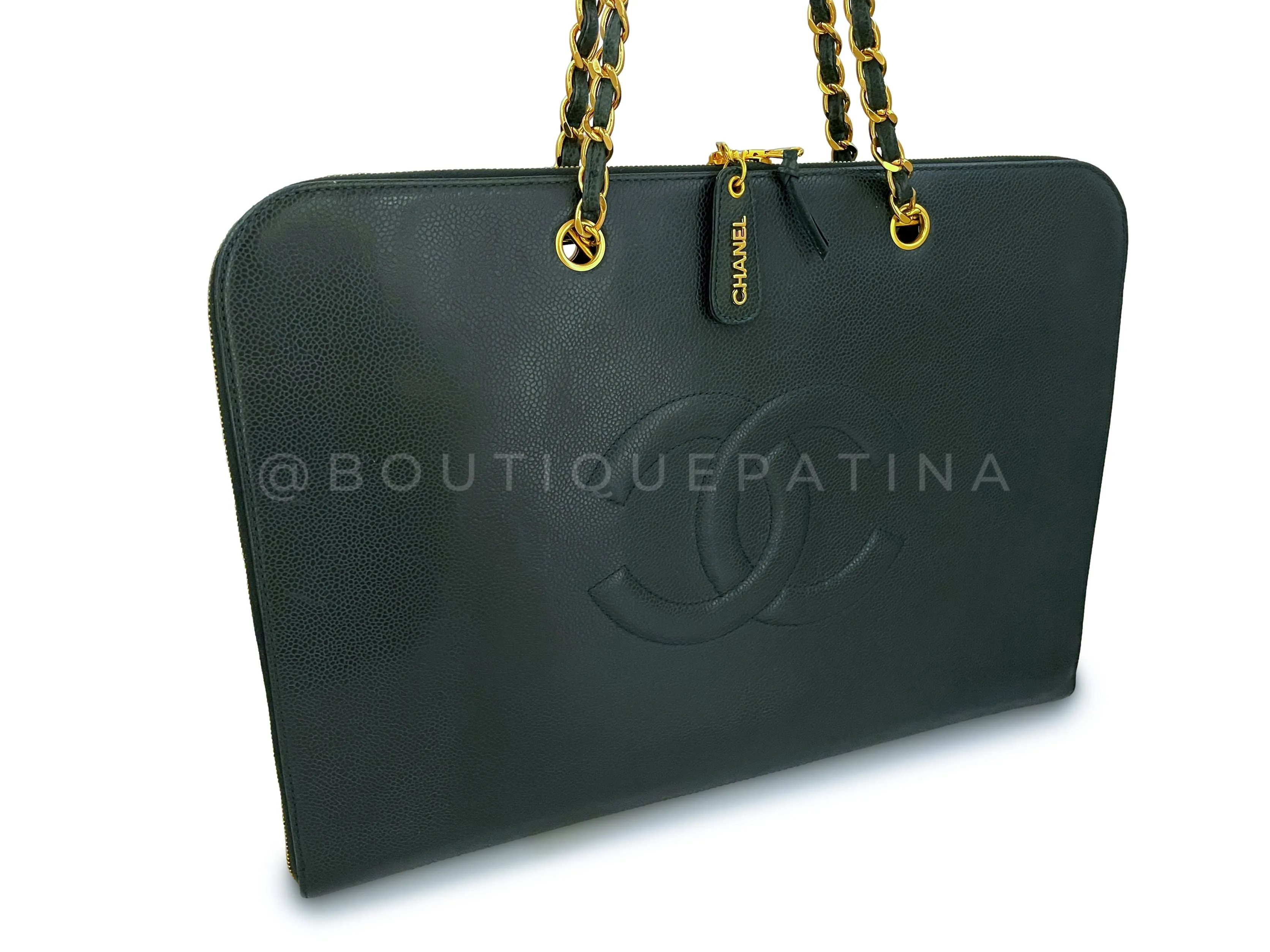 Chanel Vintage Dark Green Caviar Portfolio Laptop Work Tote Bag 24k GHW