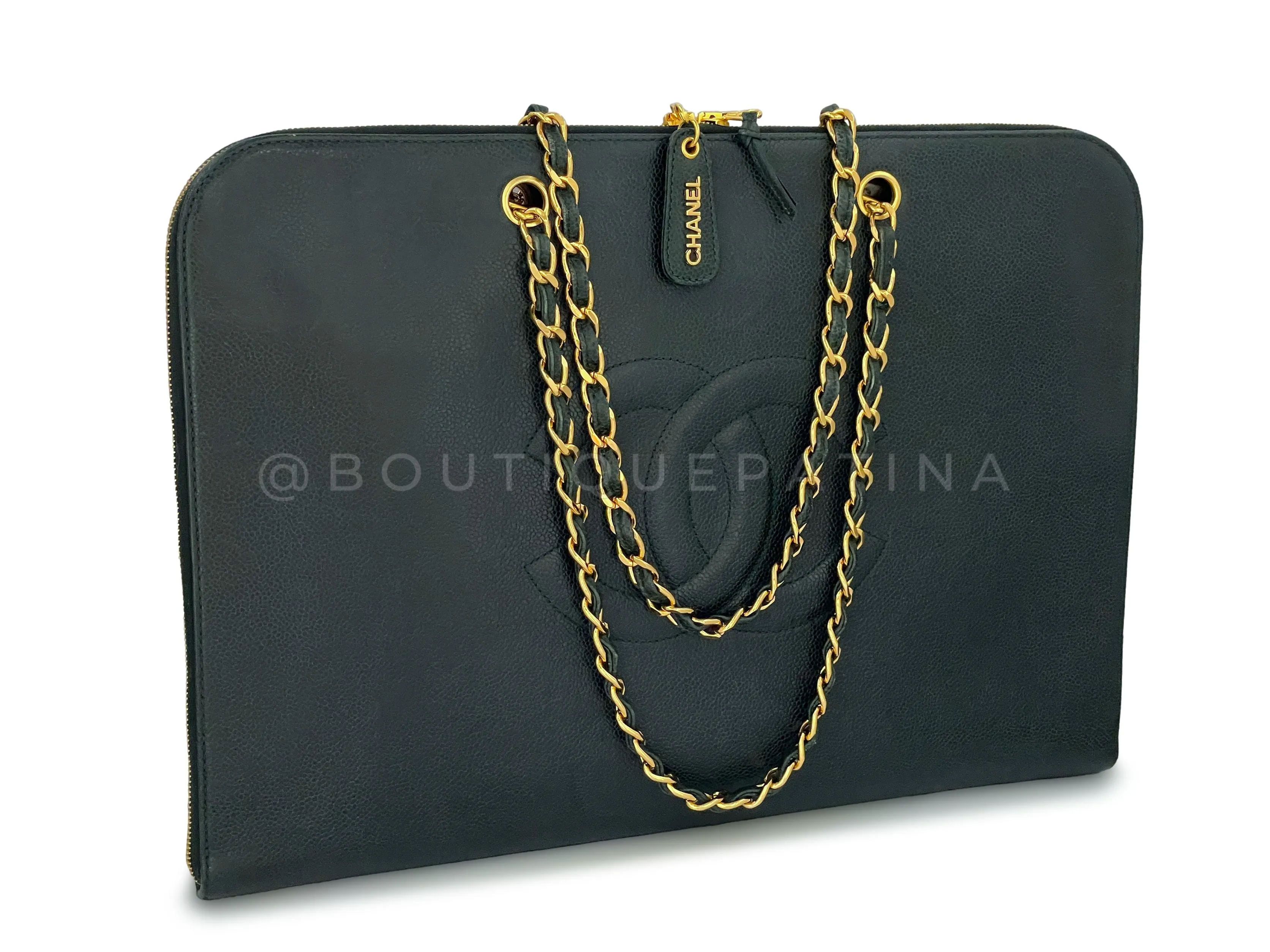 Chanel Vintage Dark Green Caviar Portfolio Laptop Work Tote Bag 24k GHW