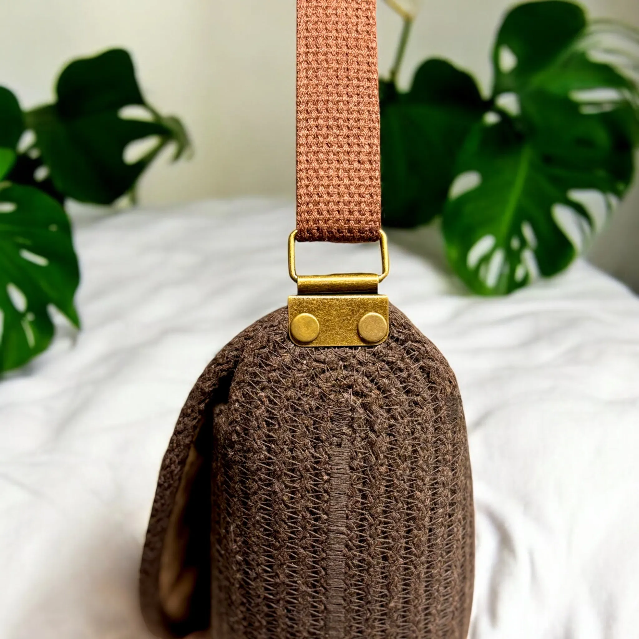 Chocolate Mahina Crossbody Messenger Bag - Deep Red and Yellow Flower Fabric Accents, Handmade, & Eco-Friendly