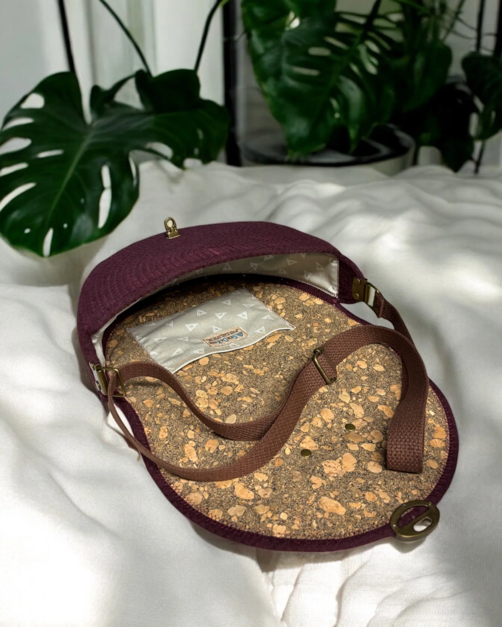 Chocolate Mahina Crossbody Messenger Bag - Deep Red and Yellow Flower Fabric Accents, Handmade, & Eco-Friendly