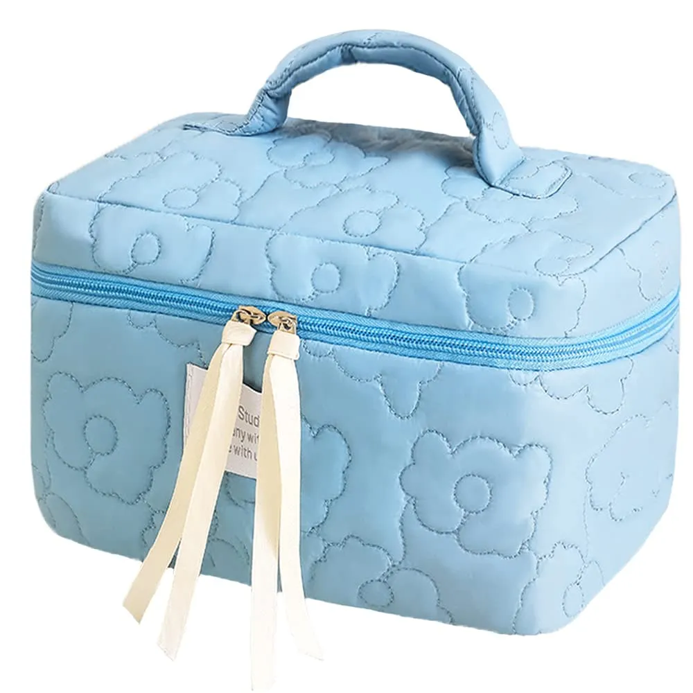 Cotton Makeup Bag Large Travel Cosmetic Bag Quilted Cosmetic Pouch Coquette Aesthetic Floral Toiletry Bag Small Cute Travel Cosmetic Bags for Women Girls (Flower Blue)