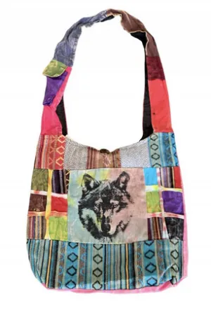 Cotton Patchwork Wolf Print Hobo Bag