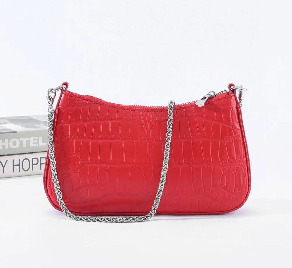 Crocodile Leather Underarm With Chain Shoulder Strap Bag Red