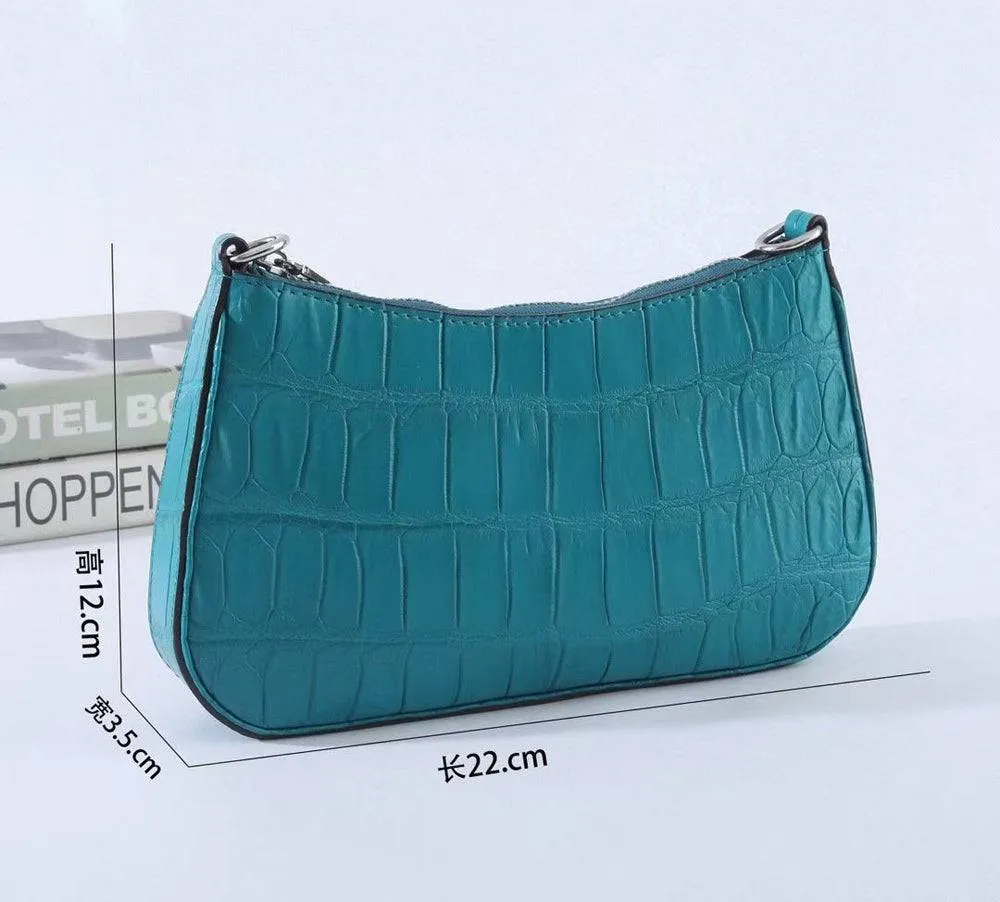 Crocodile Leather Underarm With Chain Shoulder Strap Bag Turquiose Blue