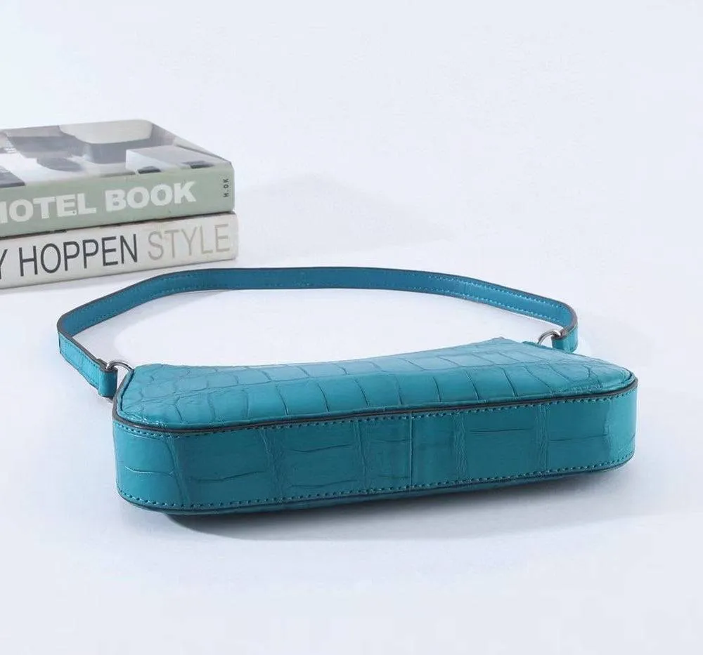 Crocodile Leather Underarm With Chain Shoulder Strap Bag Turquiose Blue