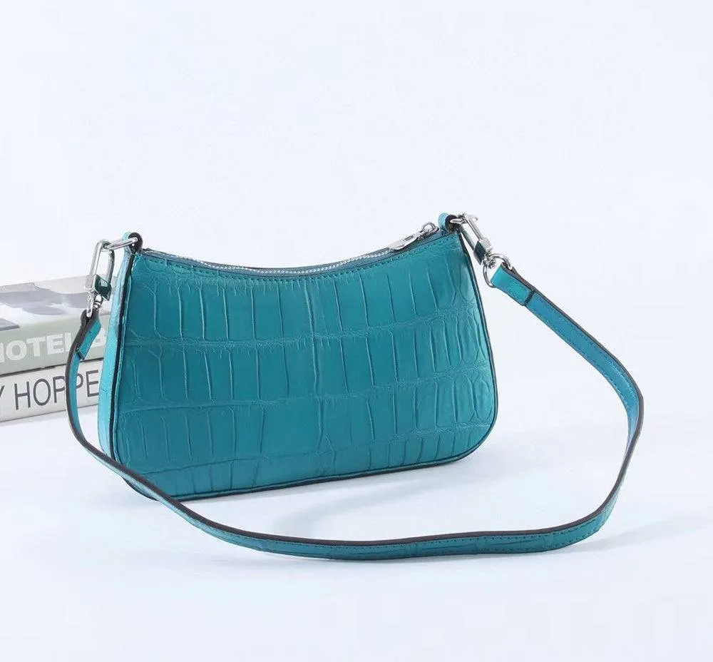 Crocodile Leather Underarm With Chain Shoulder Strap Bag Turquiose Blue