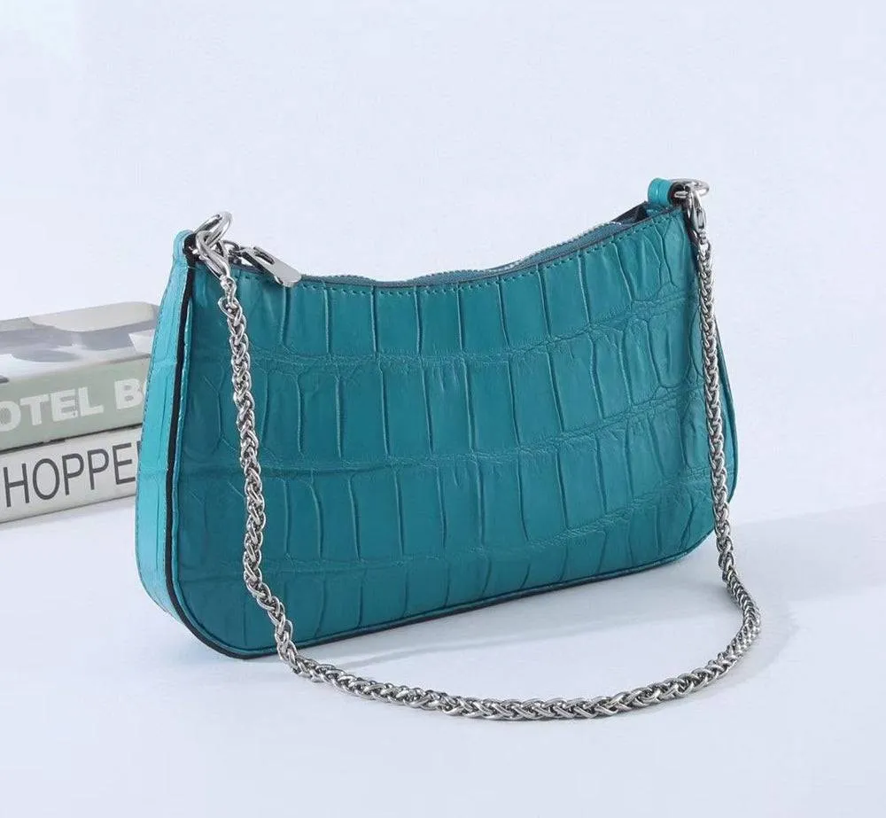 Crocodile Leather Underarm With Chain Shoulder Strap Bag Turquiose Blue