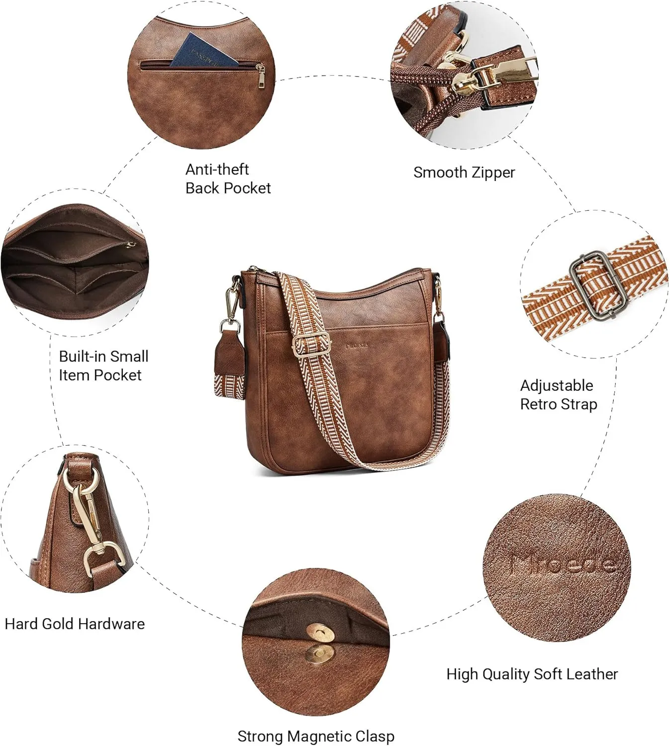 Crossbody Bags for Women Vegan Leather Hobo Purses Travel Shoulder Handbags with Detachable Wide Guitar Strap