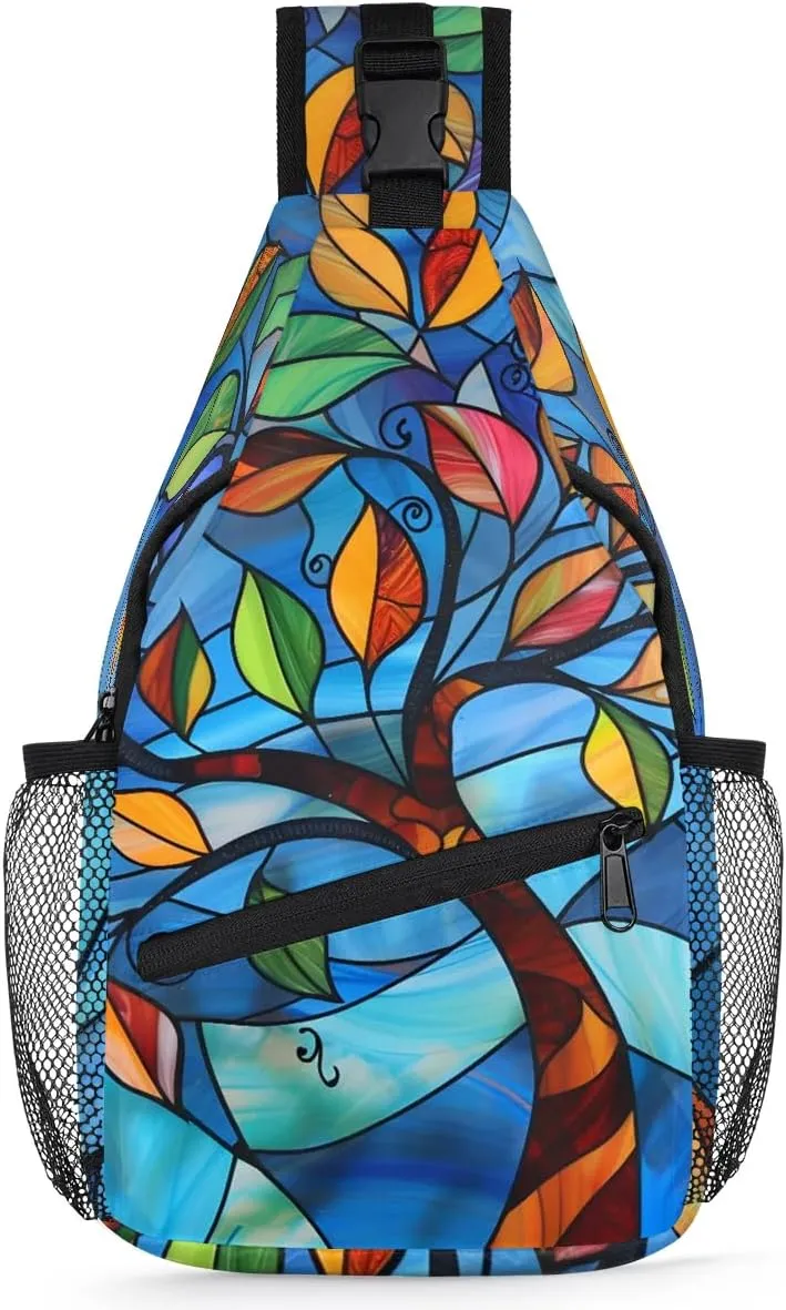 Crossbody Sling Bags for Women Men Abstract Colorful Leaves Fanny Pack Shoulder Bag Waterproof Anti Theft Bulk Chest Bag Running Hiking Athletic Trainer Travel Camping Outdoor Casual Crossbody Bags