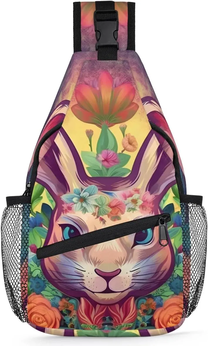 Crossbody Sling Bags for Women Men Abstract Rabbit Easter Flower Fanny Pack Shoulder Bag Waterproof Anti Theft Chest Bag Running Hiking Athletic Trainer Travel Camping Outdoor Casual Crossbody Bags