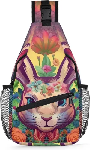 Crossbody Sling Bags for Women Men Abstract Rabbit Easter Flower Fanny Pack Shoulder Bag Waterproof Anti Theft Chest Bag Running Hiking Athletic Trainer Travel Camping Outdoor Casual Crossbody Bags