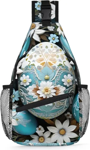 Crossbody Sling Bags for Women Men Blue Flower Eggs Easter Fanny Pack Shoulder Bag Waterproof Anti Theft Chest Bag Running Hiking Athletic Trainer Travel Camping Outdoor Casual Crossbody Bags